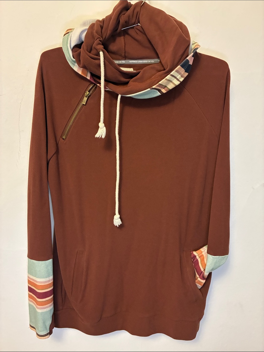 Rust Brown Pullover Hoodie with Striped Accents